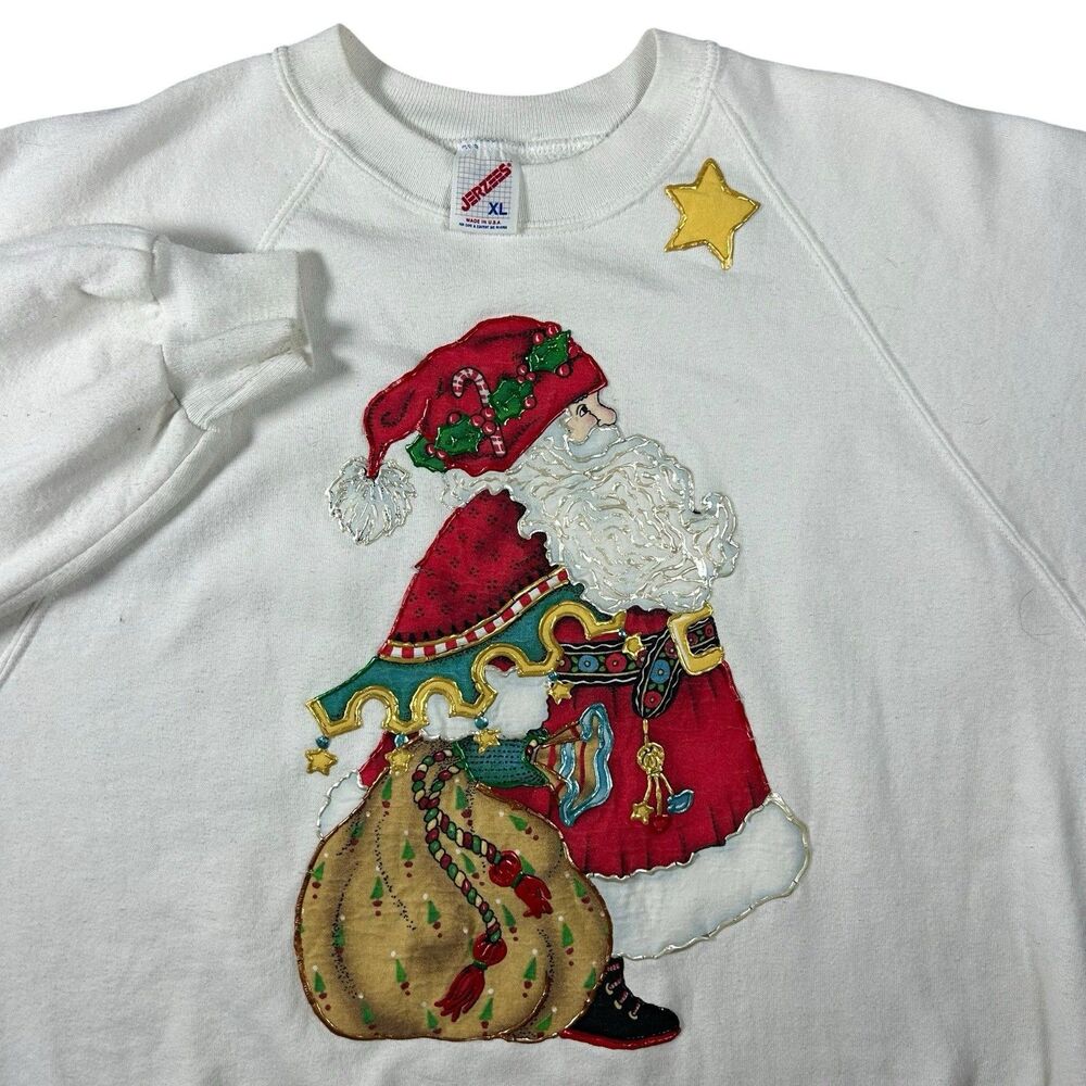 Vintage JERZEES Santa Claus Christmas Sweater Men’s XL White Crewneck 90s USA